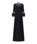Black Crystal Feather Cuff High Neck A-Line Crepe Evening Gown