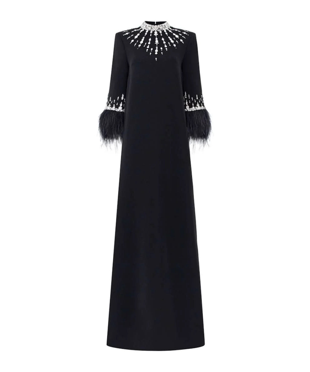 Black Crystal Feather Cuff High Neck A-Line Crepe Evening Gown