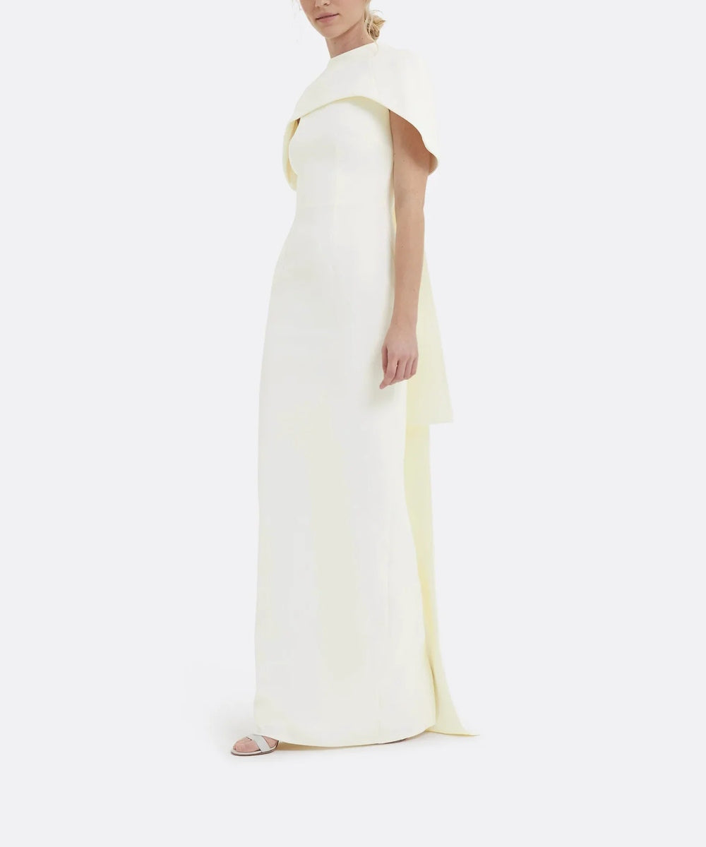 Cream Cape Overlay High Neck Column Maxi Gown With Long Back Sash