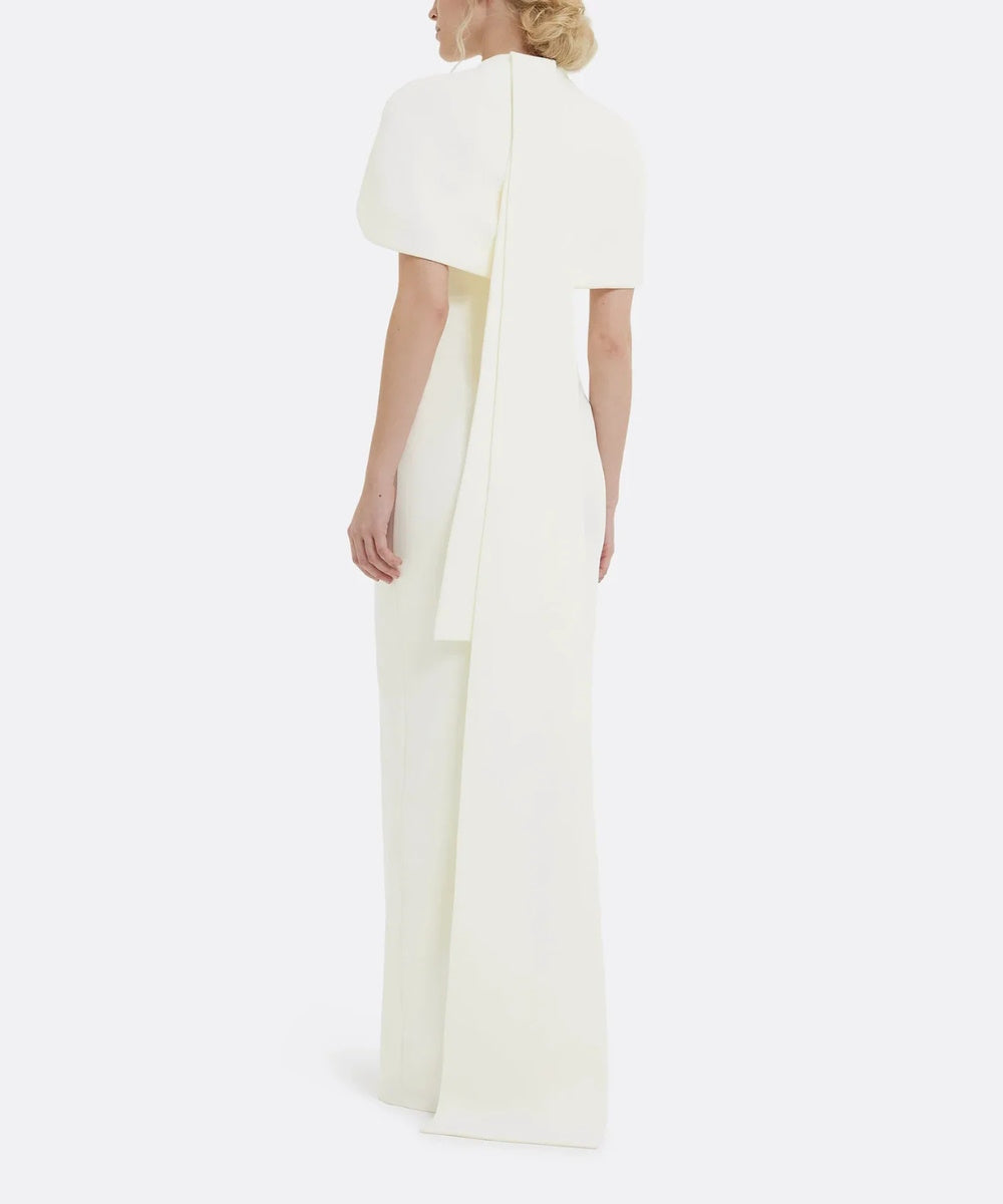 Cream Cape Overlay High Neck Column Maxi Gown With Long Back Sash