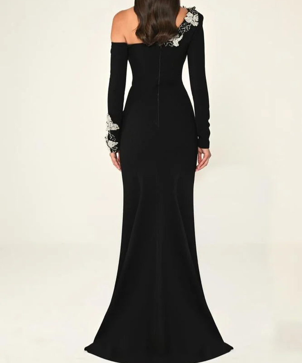 Black Asymmetric Off Shoulder Long Sleeve Floral Rhinestone Mermaid Slit Maxi Gown