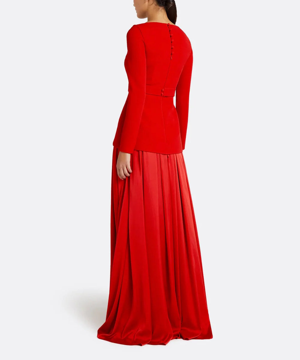 Red Square Neck Long Sleeve Two-Tier Crepe & Satin Pleated Maxi Evening Gown