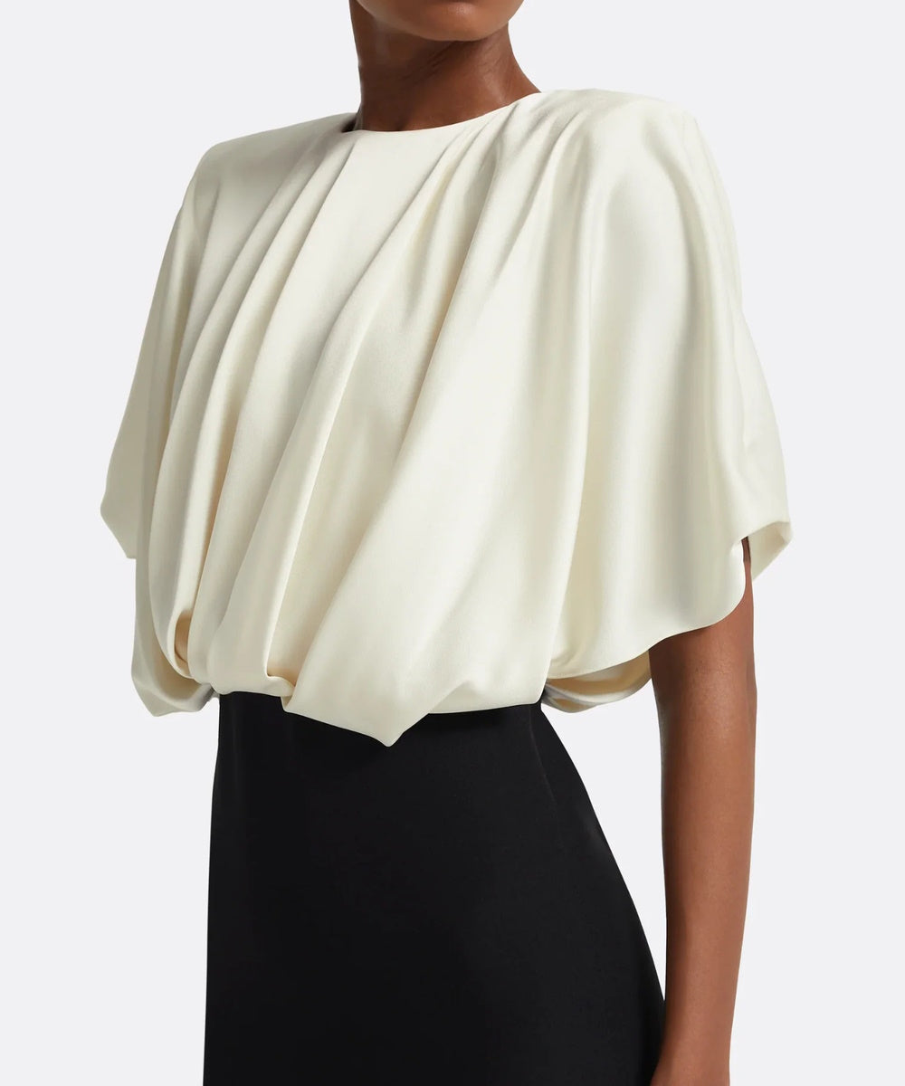 Two Tone Draped Dolman Sleeve Blouson Bodice Column Maxi Evening Gown