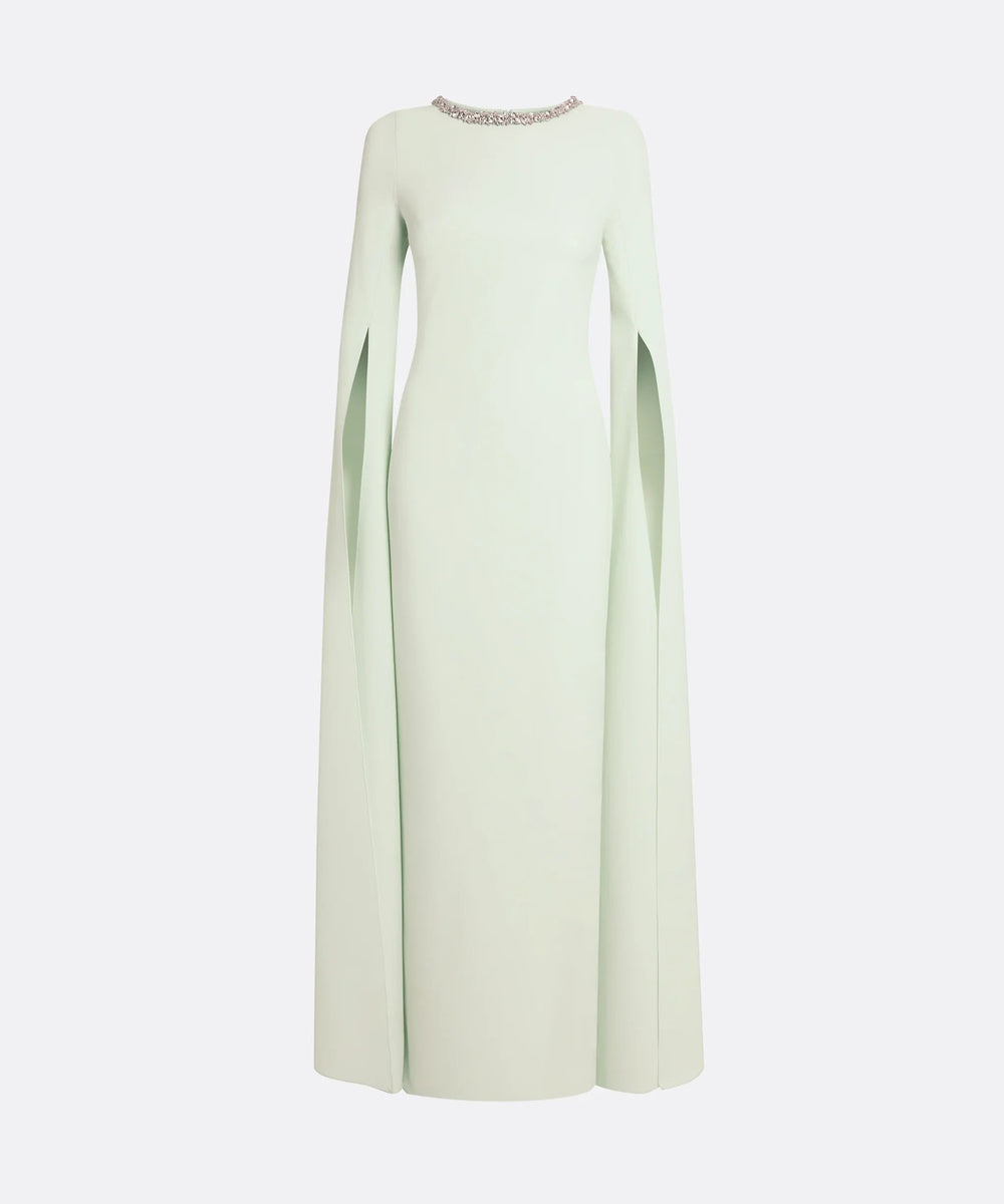 Pastel Green Crystal Neck Split Sleeve Formal Maxi Dress