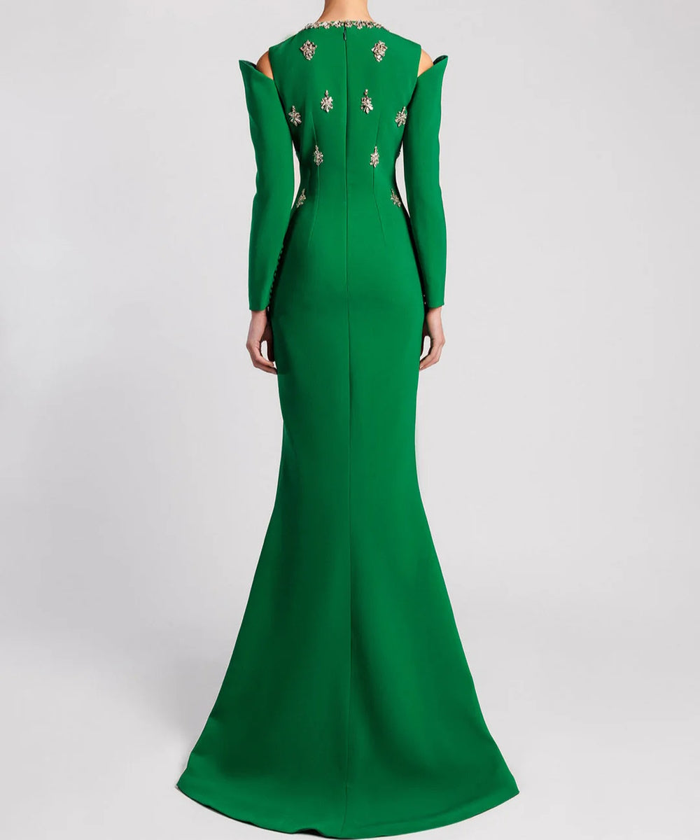 Cutout Cold Shoulder Crystal Embellished Mermaid Train Evening Gown