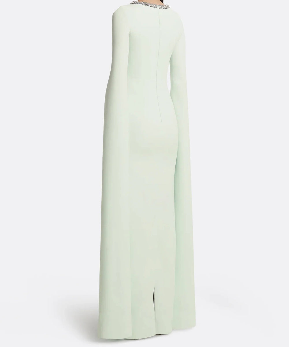 Pastel Green Crystal Neck Split Sleeve Formal Maxi Dress