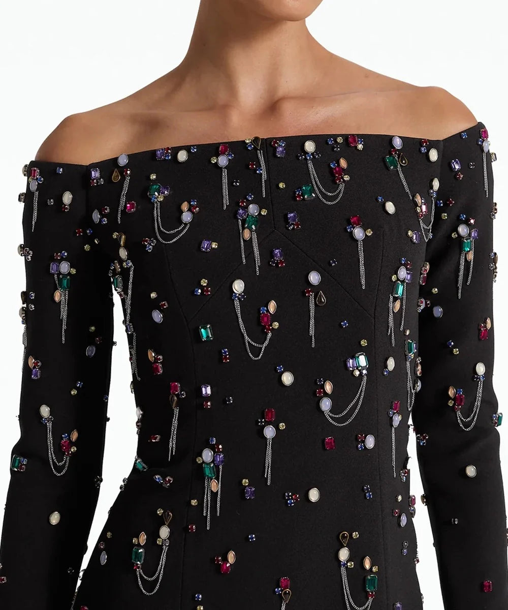 Black Off Shoulder Long Sleeve Multicolor Gem Chain Embellished Column Maxi Gown