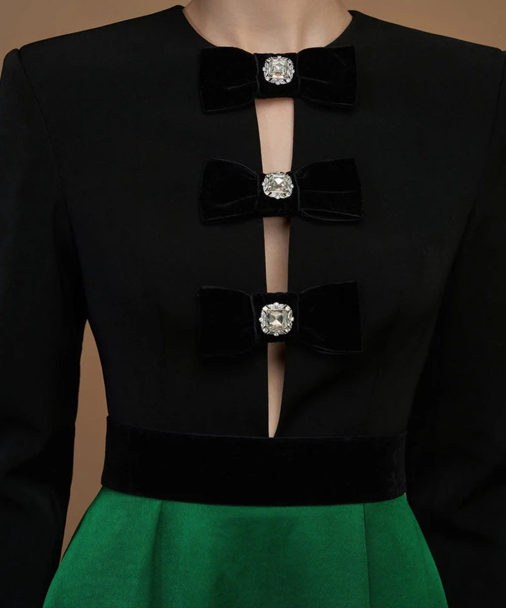 Black Green Color Block Velvet Bow Crystal Long Sleeve A-Line Maxi Evening Gown