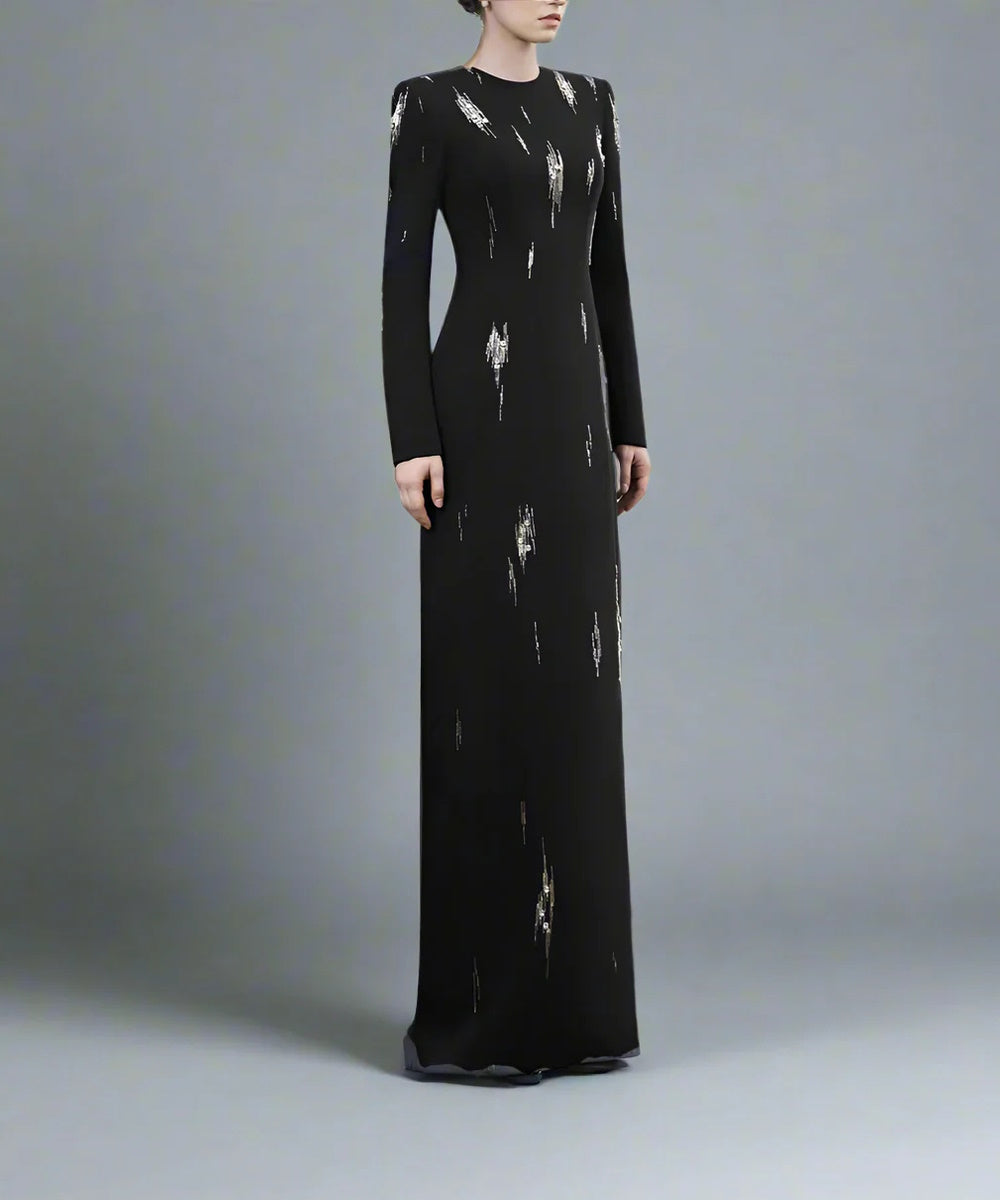 Black Structured Shoulder Long Sleeve Gold Streak Rhinestone Column Maxi Evening Gown