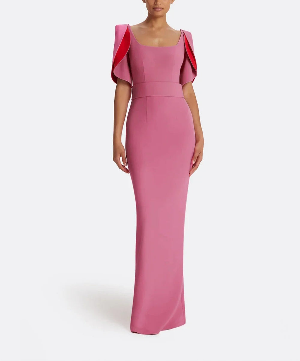 Square Neck Contrast Lining Cape Sleeve Wide Waistband Column Maxi Evening Gown