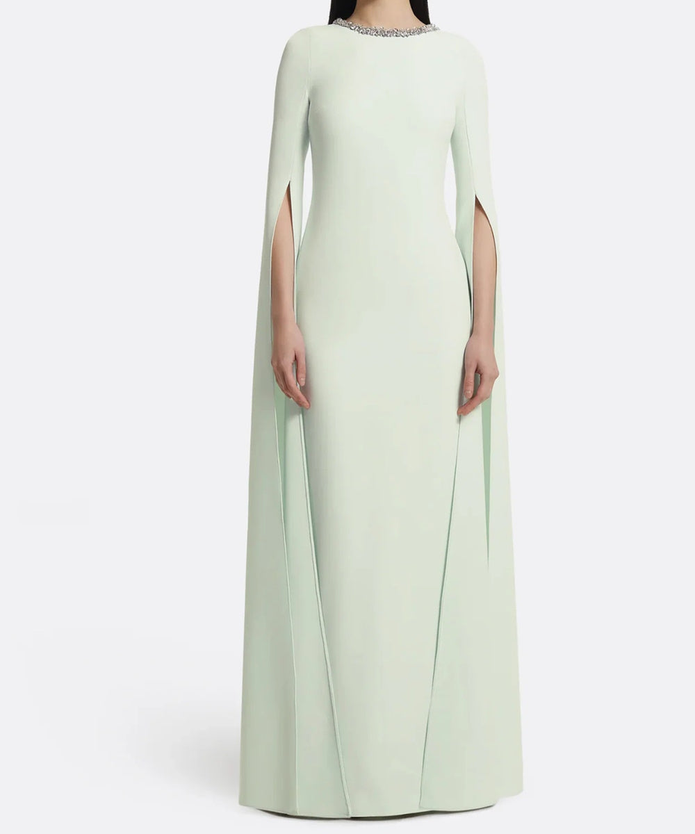 Pastel Green Crystal Neck Split Sleeve Formal Maxi Dress
