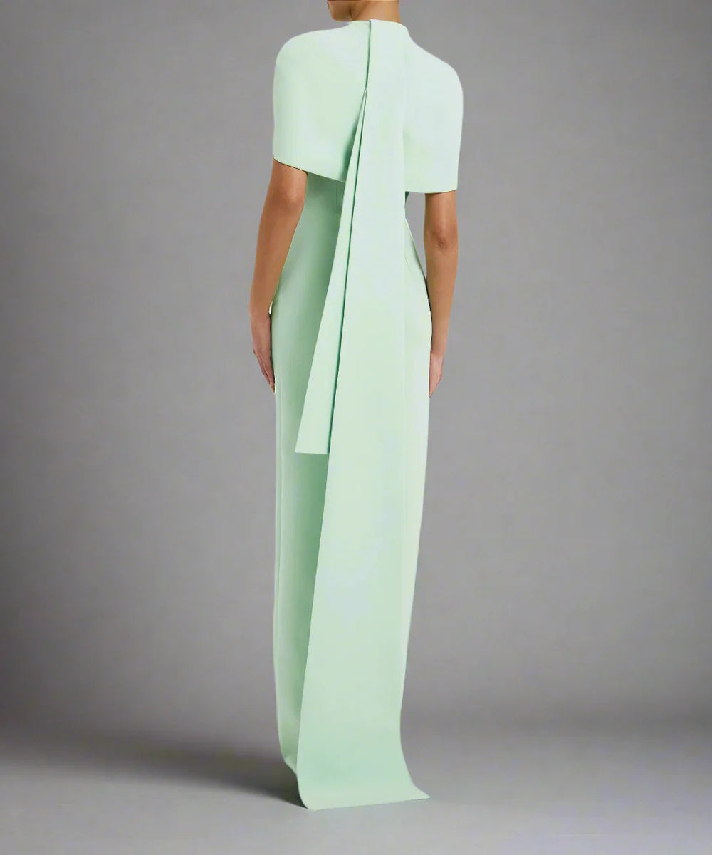 Mint Green Cape Collar Back Long Ribbon Slit Column Maxi Gown