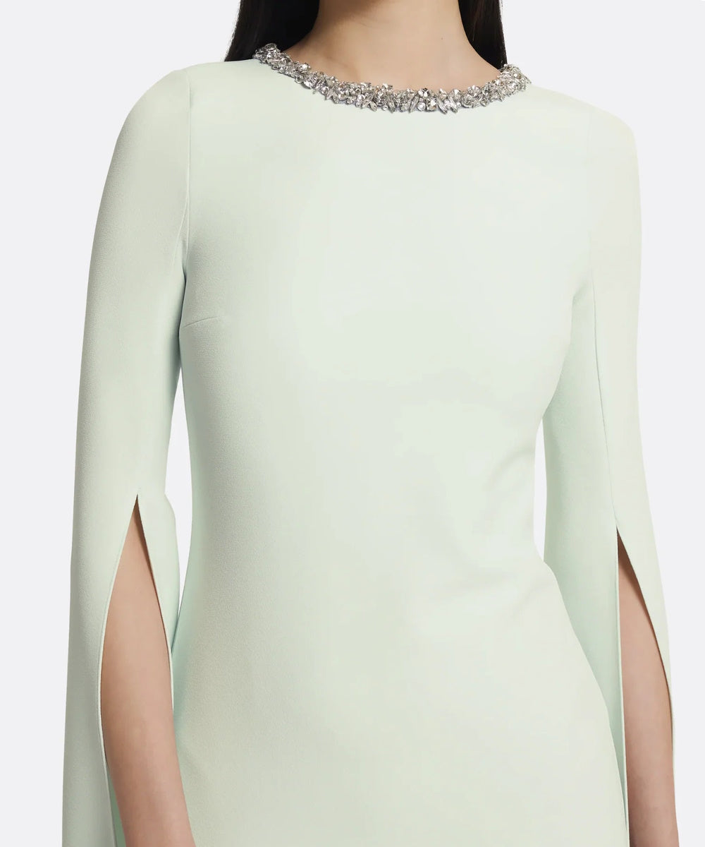 Pastel Green Crystal Neck Split Sleeve Formal Maxi Dress