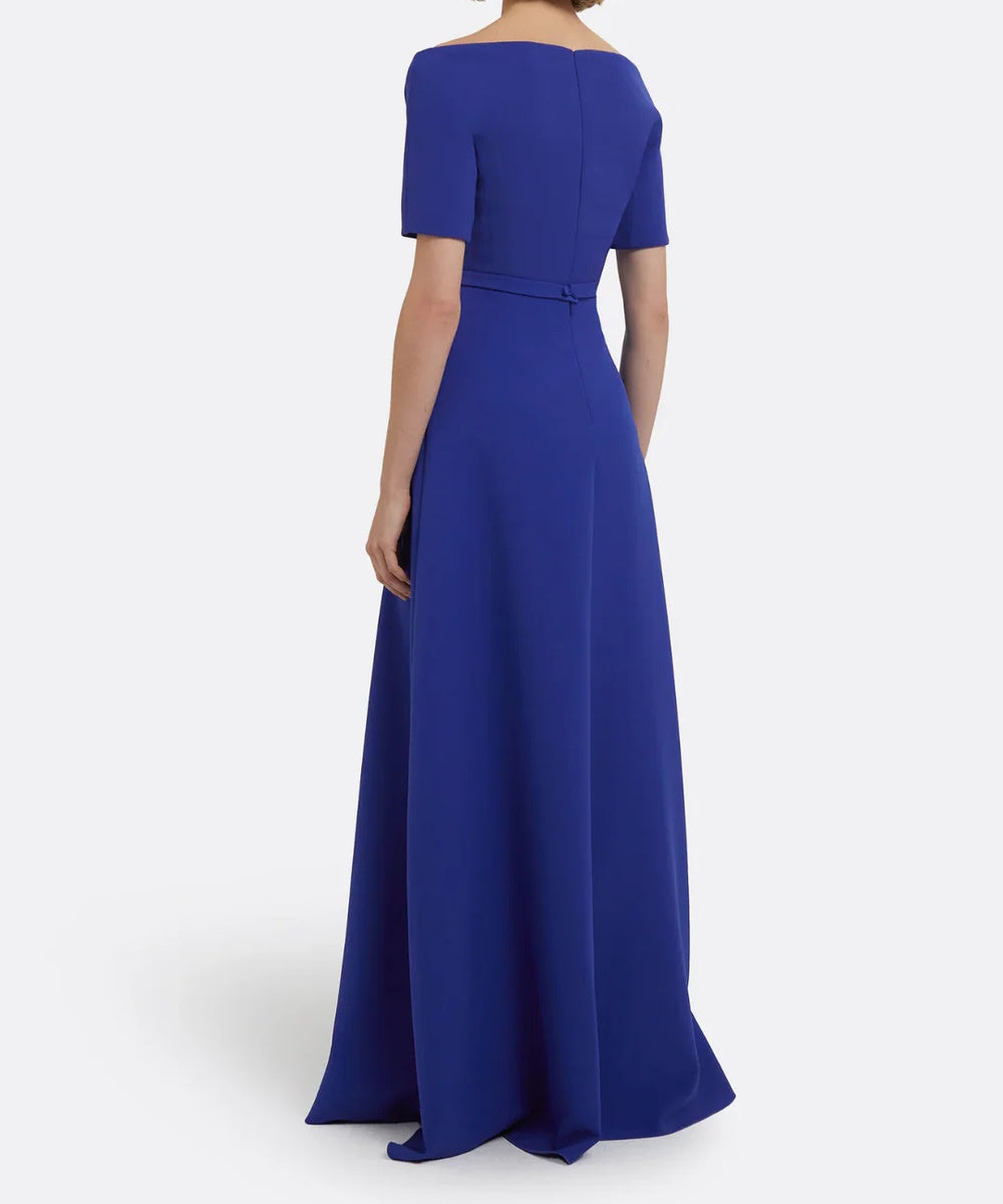 Cobalt Blue Off The Shoulder Short Sleeve A-Line Maxi Evening Gown With Waist Belt
