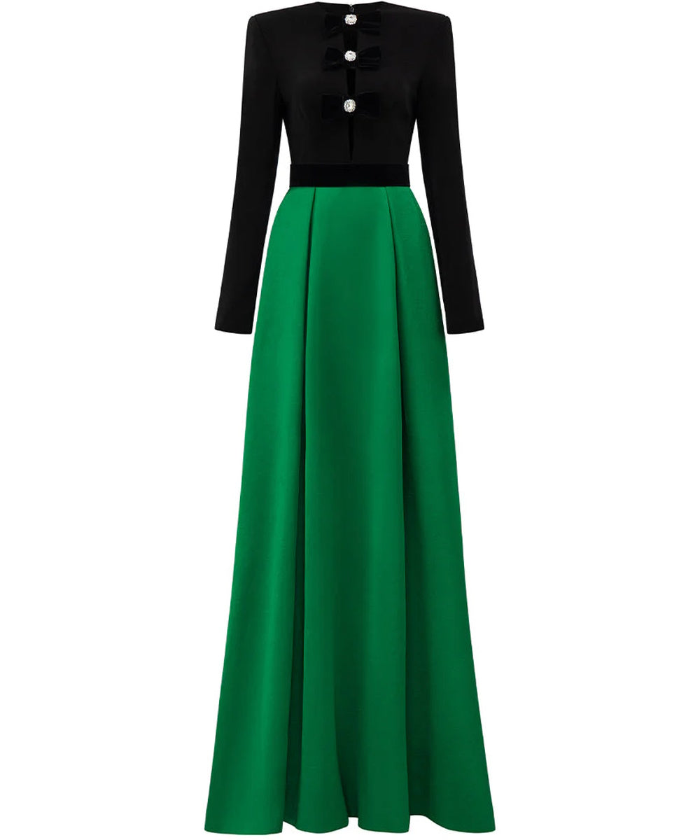 Black Green Color Block Velvet Bow Crystal Long Sleeve A-Line Maxi Evening Gown