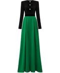Black Green Color Block Velvet Bow Crystal Long Sleeve A-Line Maxi Evening Gown