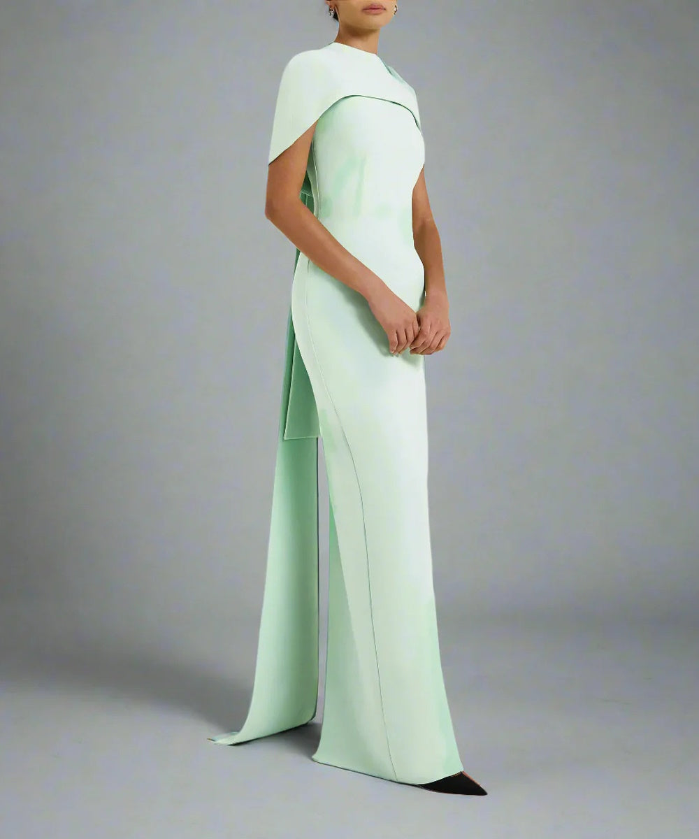 Mint Green Cape Collar Back Long Ribbon Slit Column Maxi Gown