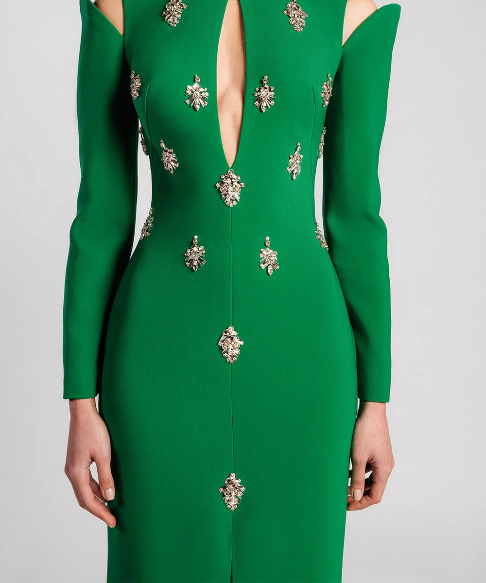 Cutout Cold Shoulder Crystal Embellished Mermaid Train Evening Gown