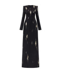 Black Structured Shoulder Long Sleeve Gold Streak Rhinestone Column Maxi Evening Gown