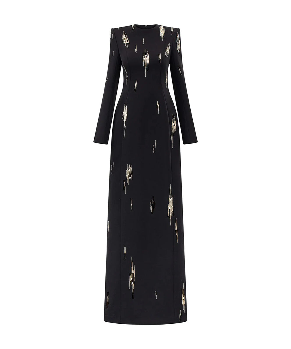 Black Structured Shoulder Long Sleeve Gold Streak Rhinestone Column Maxi Evening Gown