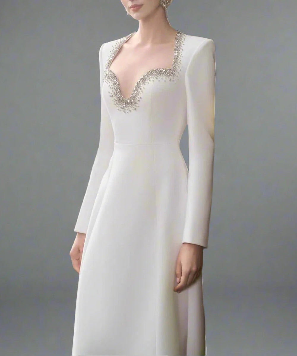 Ivory Crystal Beaded Heart Cutout Long Sleeve A-Line Maxi Formal Gown
