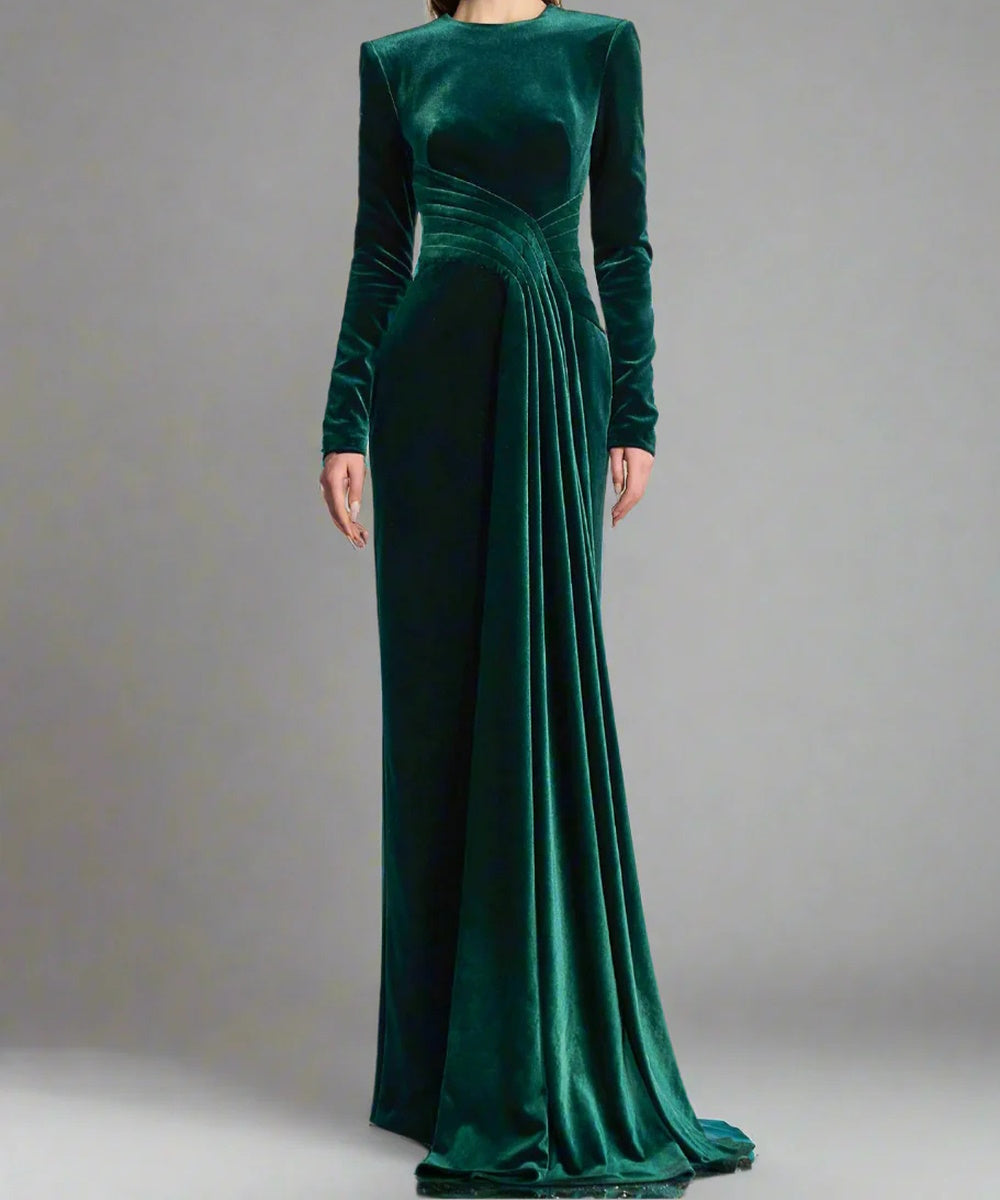 Emerald Green Velvet Round Neck Long Sleeve Diagonal Pleated Mermaid Train Evening Gown