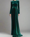Emerald Green Velvet Round Neck Long Sleeve Diagonal Pleated Mermaid Train Evening Gown