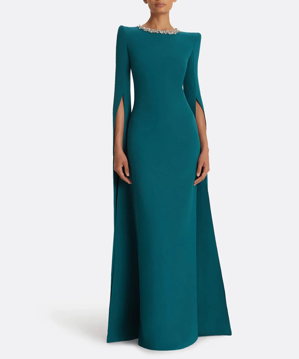 Teal Structured Shoulder Crystal Neck Split Sleeve Formal Maxi Dress