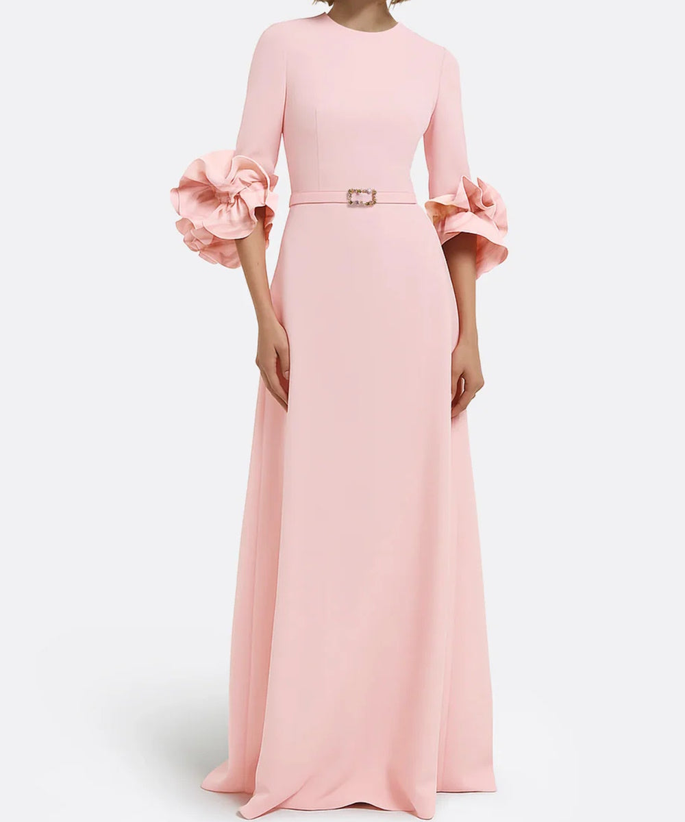 Blush Pink Round Neck 3/4 Sleeve Ruffle Cuff Column Maxi Gown With Crystal Waist Belt