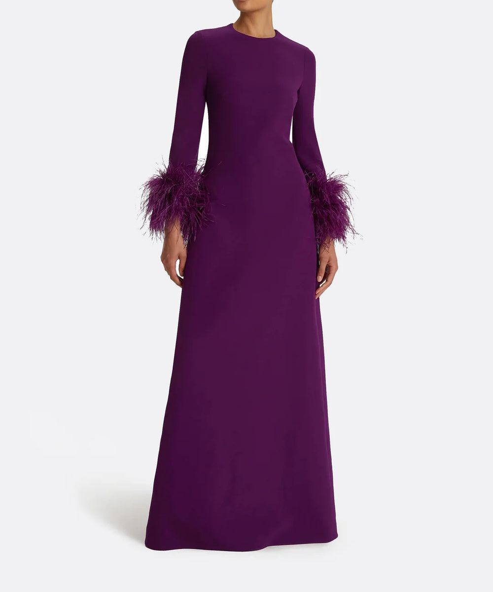 Violet Round Neck Long Sleeve Ostrich Feather Cuff Column Maxi Evening Gown