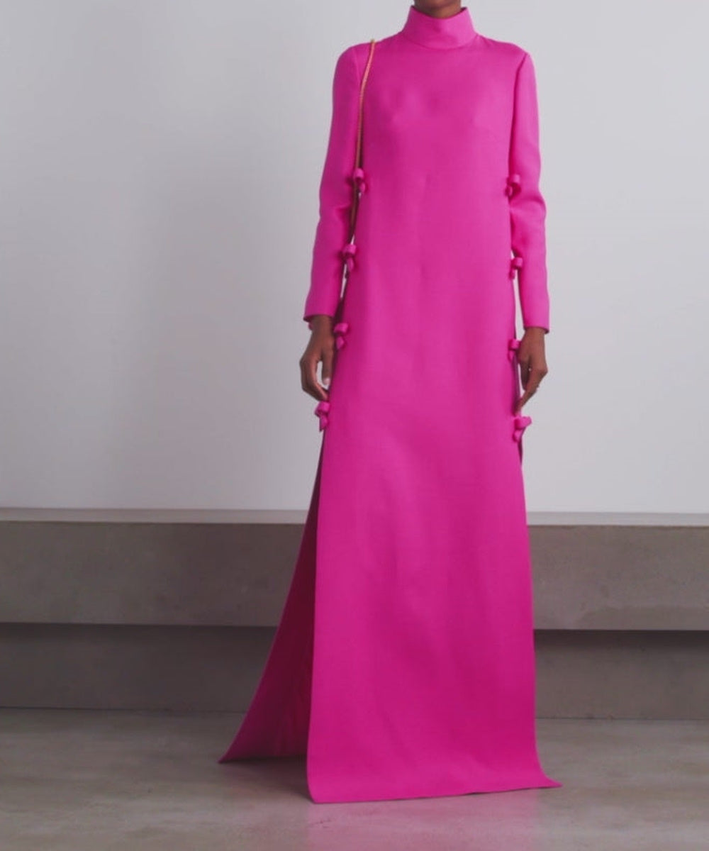 Hot Pink High Neck Bow Embellished Side Slit Long Sleeve Maxi Evening Gown