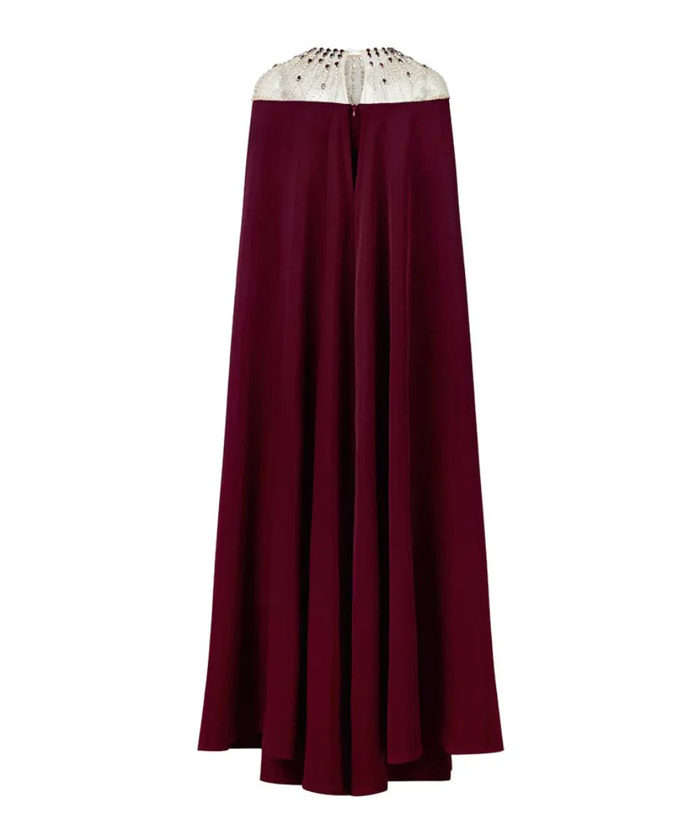 Mesh Beaded Illusion Neck Floor Length Crepe Formal Maxi Dress