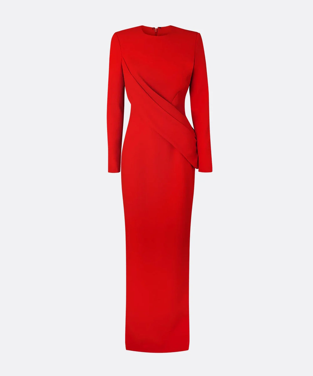 Bright Red Round Neck Long Sleeve Diagonal Draped Crepe Column Maxi Gown