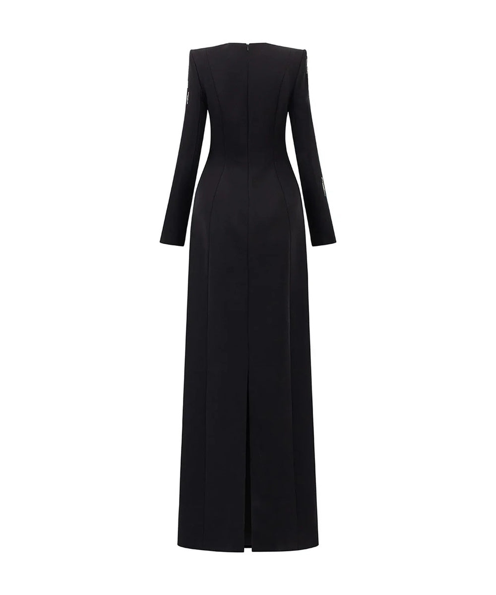 Black Structured Shoulder Long Sleeve Gold Streak Rhinestone Column Maxi Evening Gown