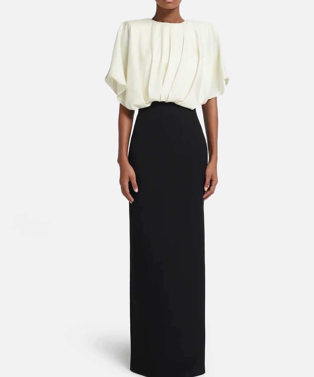 Two Tone Draped Dolman Sleeve Blouson Bodice Column Maxi Evening Gown
