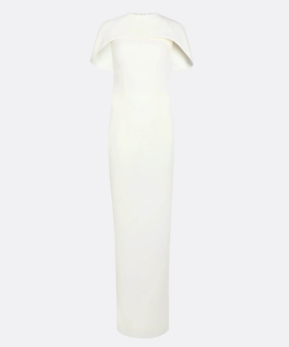 Cream Cape Overlay High Neck Column Maxi Gown With Long Back Sash