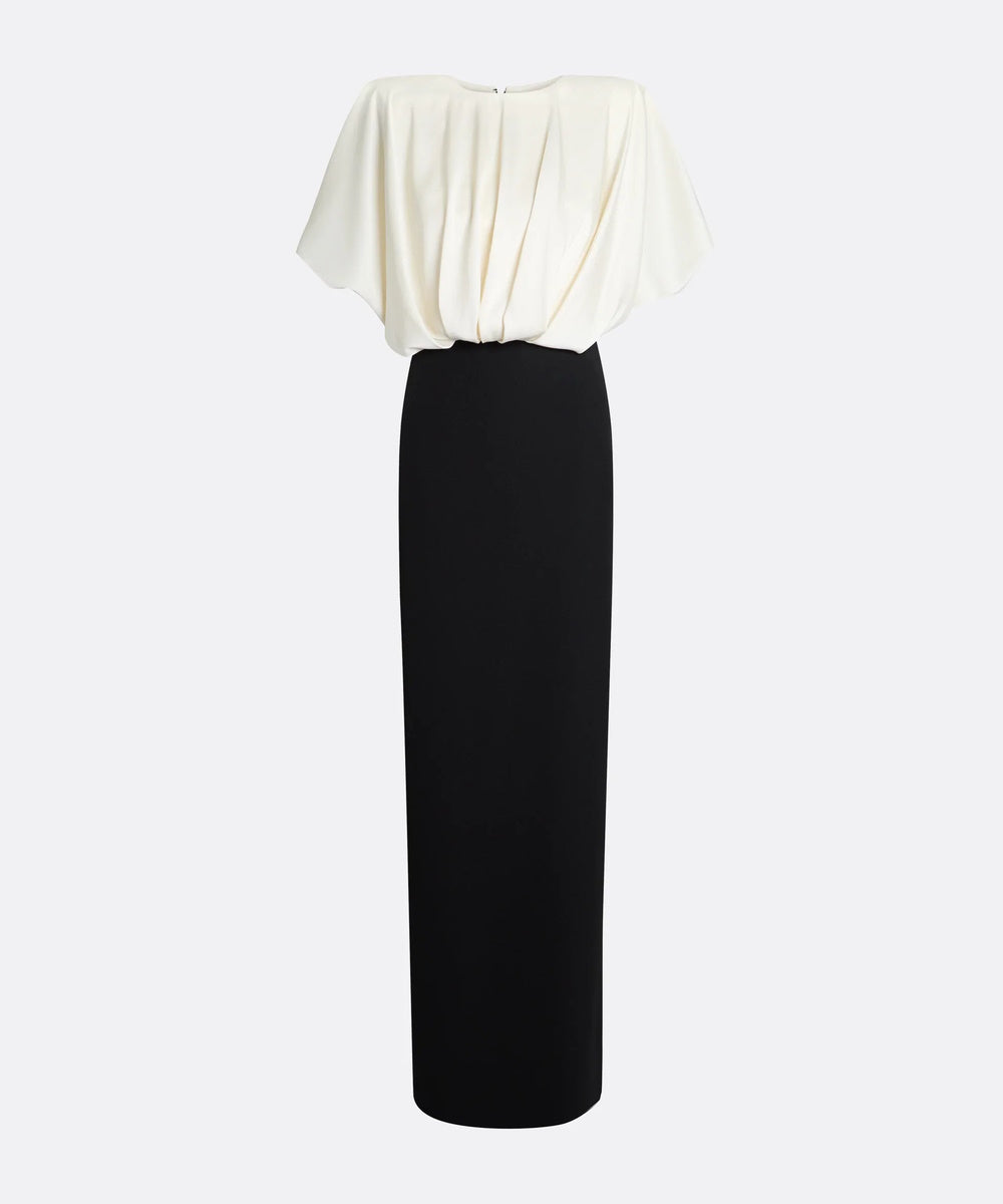 Two Tone Draped Dolman Sleeve Blouson Bodice Column Maxi Evening Gown