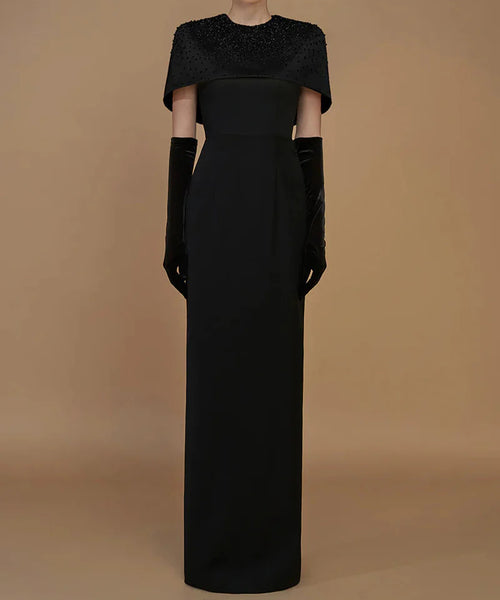 Black Beaded Cape Overlay Slim Column Satin Evening Gown