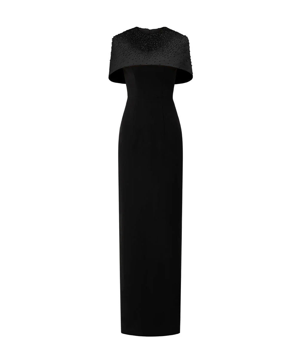 Black Beaded Cape Overlay Slim Column Satin Evening Gown