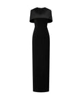 Black Beaded Cape Overlay Slim Column Satin Evening Gown