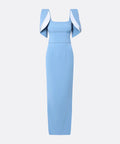 Sky Blue Square Neck Contrast Cape Sleeve Waistband Column Maxi Evening Gown