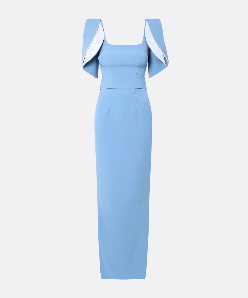 Sky Blue Square Neck Contrast Cape Sleeve Waistband Column Maxi Evening Gown