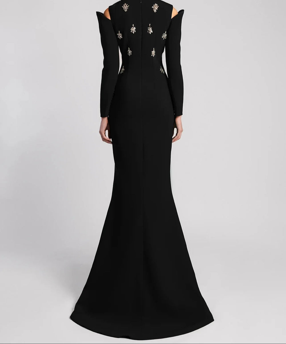 Cutout Cold Shoulder Crystal Embellished Mermaid Train Evening Gown