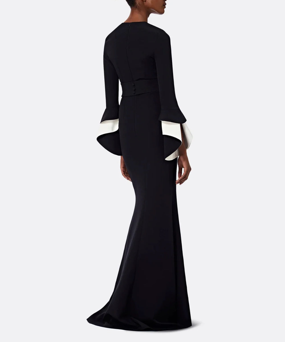Black Crew Neck Two-Tone White Layered Flared Cuff Mermaid Train Evening Gown