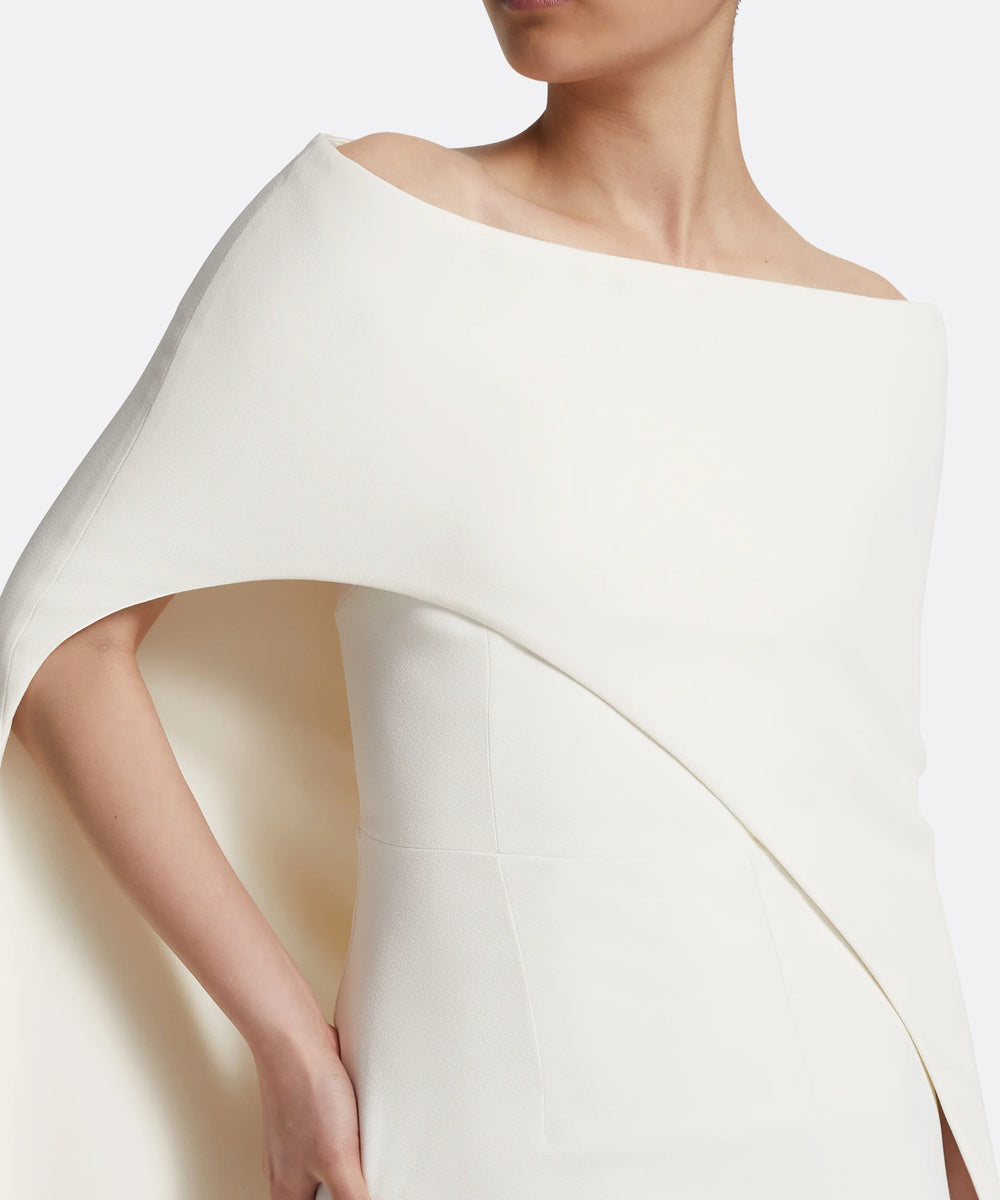 Off-Shoulder Ivory Cape Sleeve Column Crepe Evening Gown