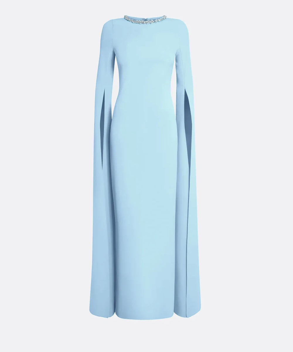 Sky Blue Crystal Neck Cape Sleeve Column Gown