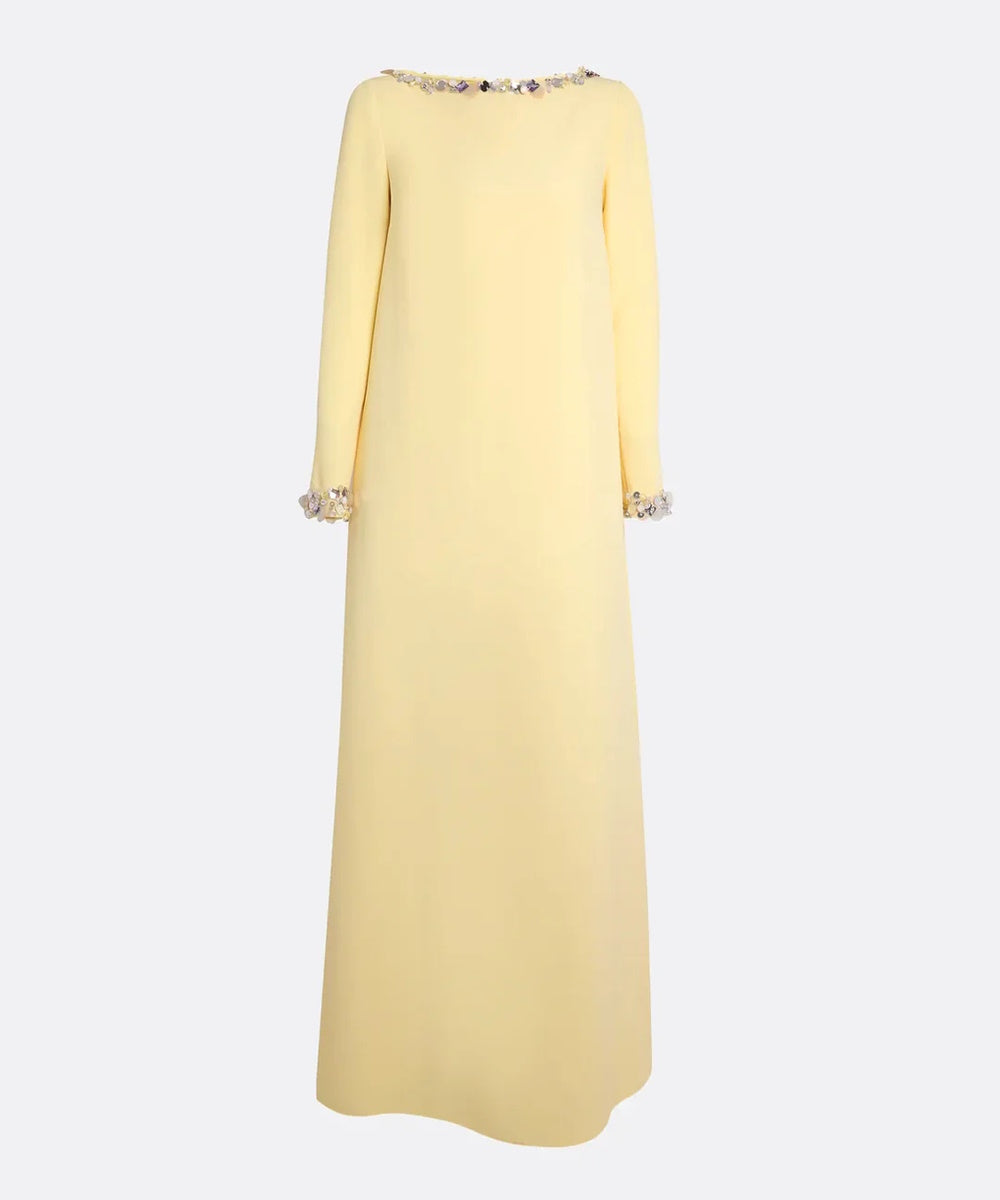 Pale Yellow Multi-Color Crystal Embellished Boat Neck Loose Straight Maxi Gown