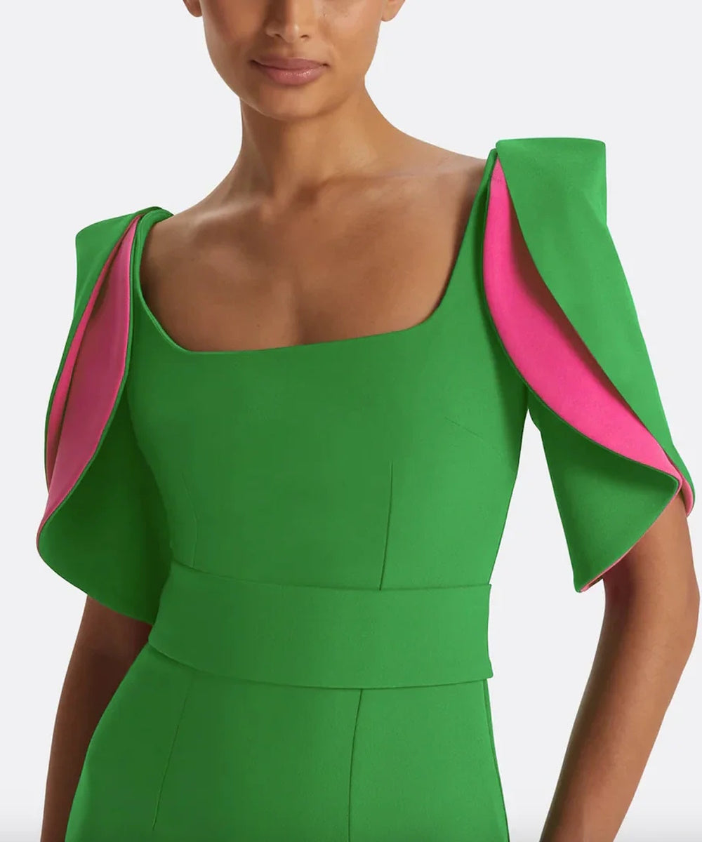 Square Neck Contrast Lining Cape Sleeve Wide Waistband Column Maxi Evening Gown