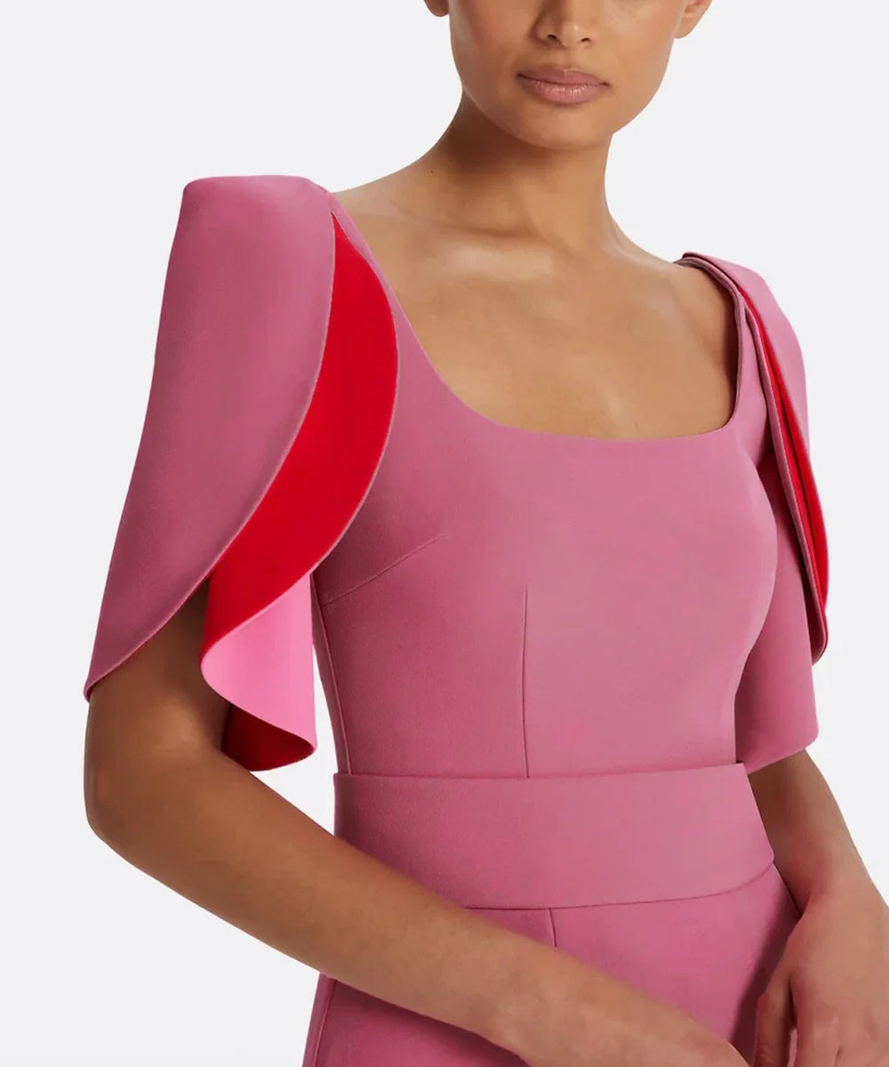 Square Neck Contrast Lining Cape Sleeve Wide Waistband Column Maxi Evening Gown
