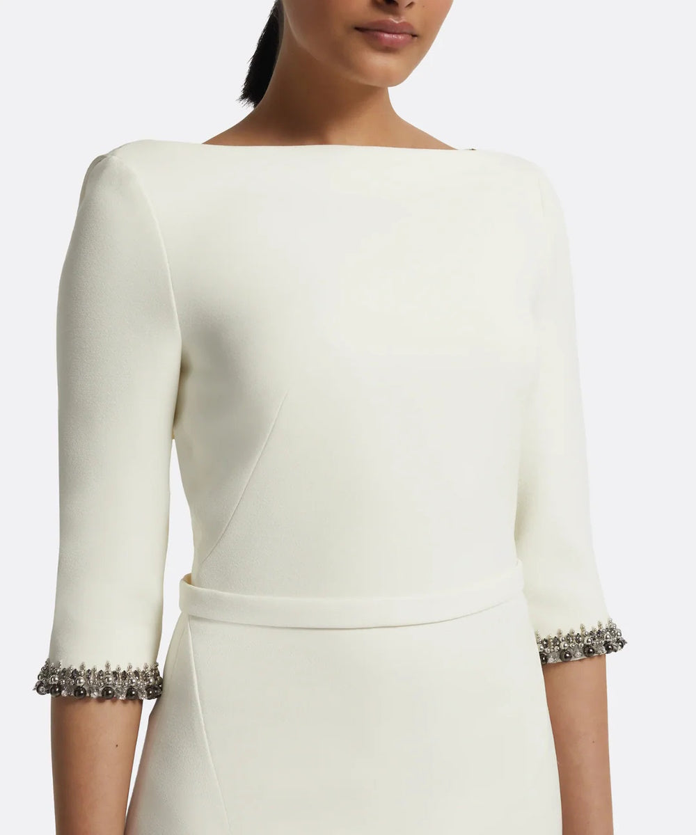 Ivory Boat Neck Draped Back Crystal Cuff Column Gown With Side Slit